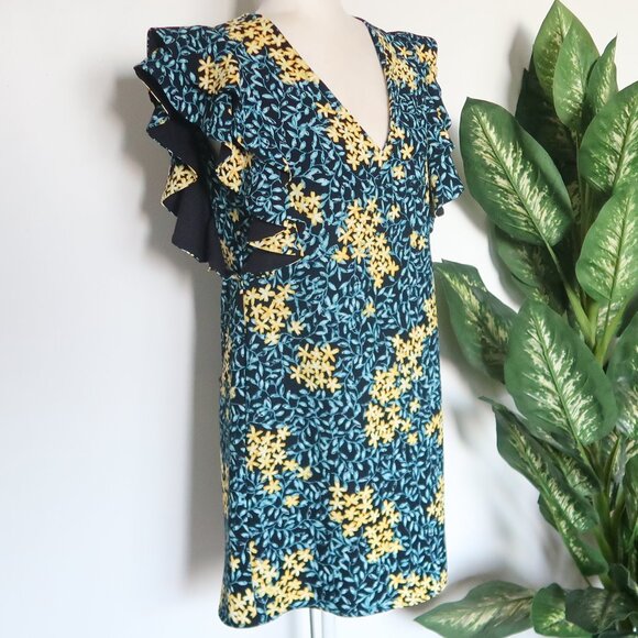 ZARA Basic Floral Ruffle Sleeve Mini Dress Blue Yellow Medium - Picture 3 of 14